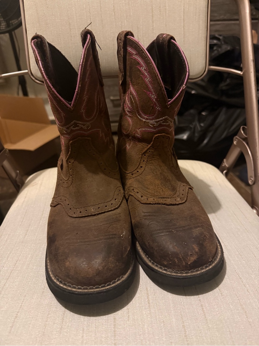 Brown Western Cowboy Boots Pink Stitching Size - no insoles